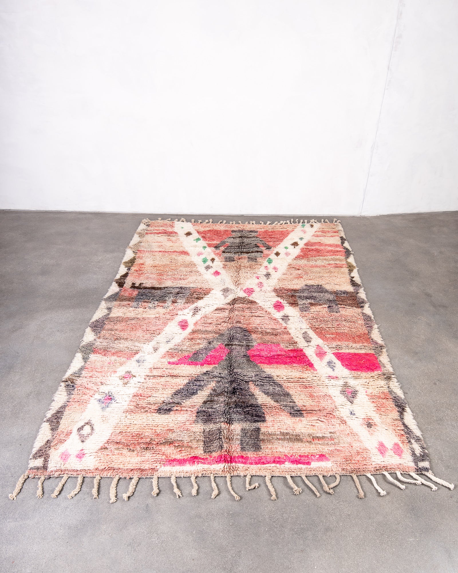 Modern, designer, handcrafted Berber rug from Morocco. Vintage carpet with beautiful colours and patterns and fluffy texture.